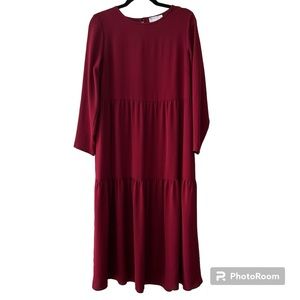 ASOS long sleeve tiered smock midi dress in oxblood